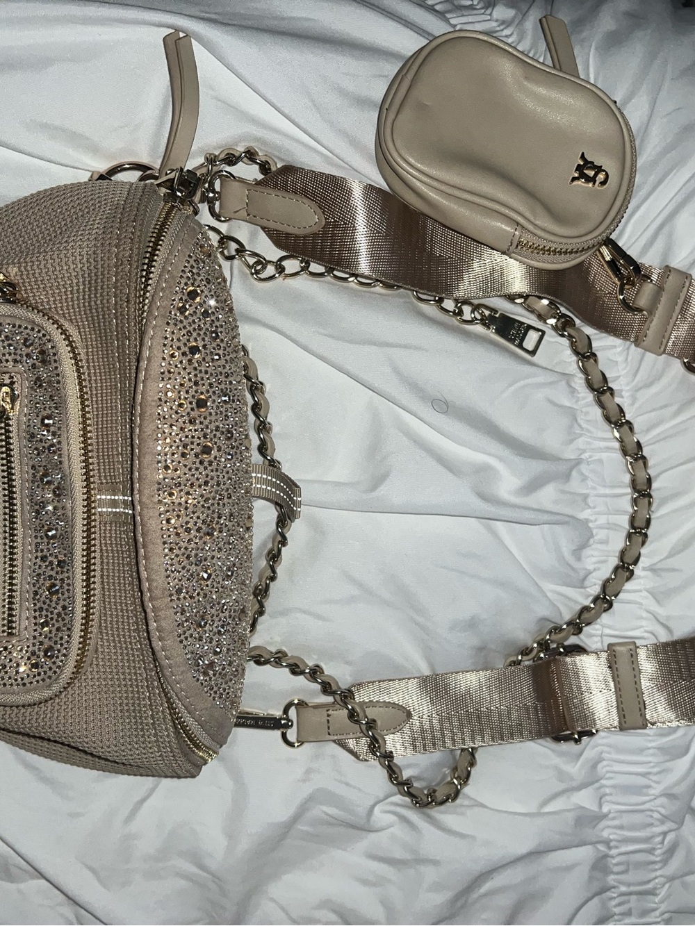 Steve Madden Beige Crystal-Embellished Crossbody Belt Bag with Mini Pouch